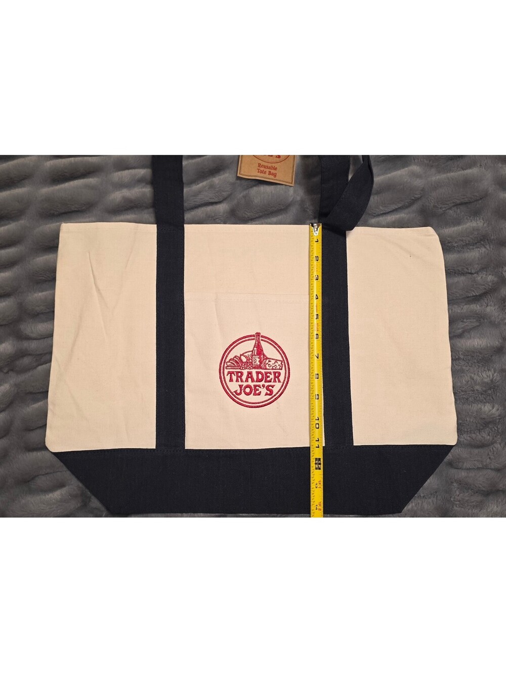 Trader Joe's canvas tote bag natural and navy blue
